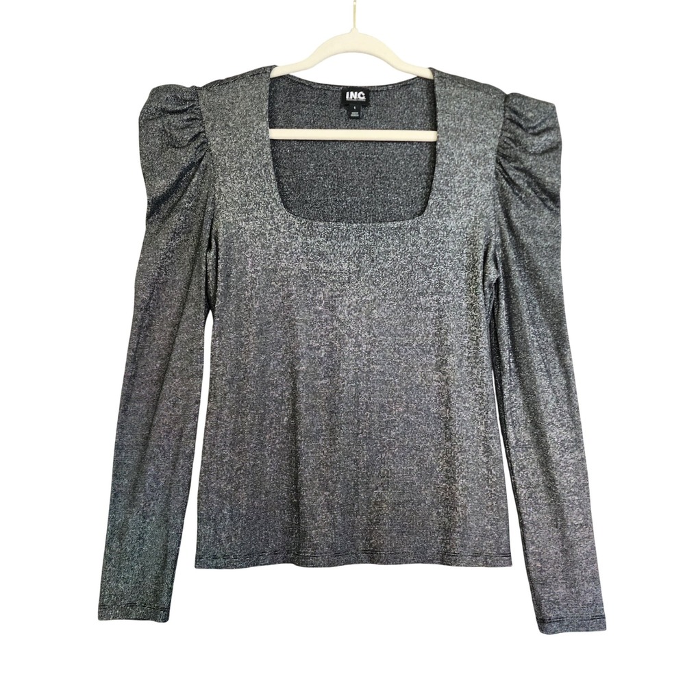 INC International Concepts‎ Womens Silver Metallic Puff Sleeve Square Neck Top L